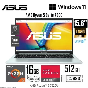 LAPTOP ASUS VIVOBOOK AMD RYZEN 5-7520U 16RAM DDR5 512SSD 15.6"FHD GREY GREEN